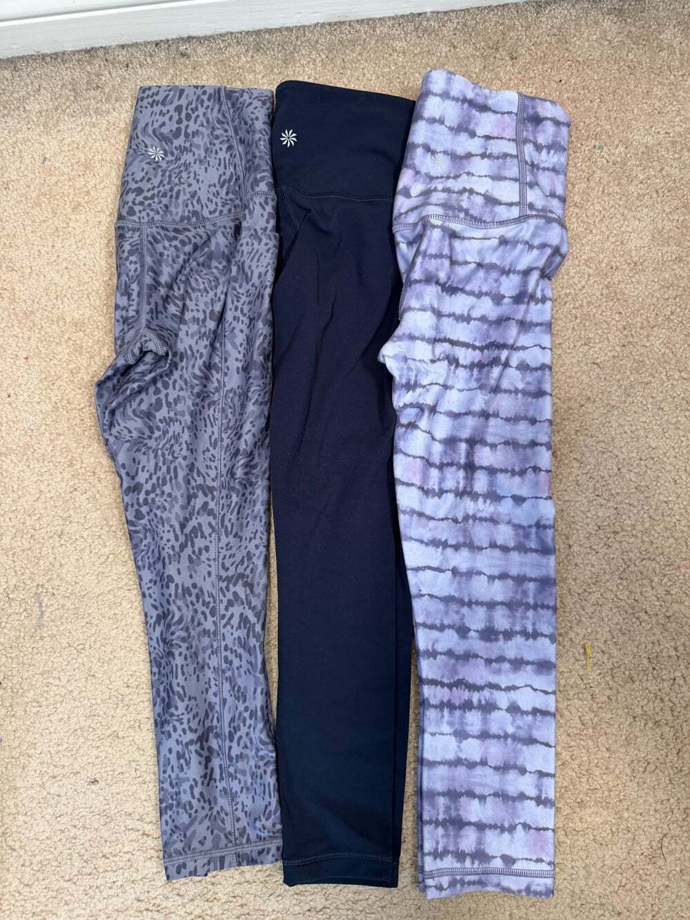 Athleta Elation Capri Leggings XXS Lot of 3 High Rise Purple Leopard Tie Dye Gym